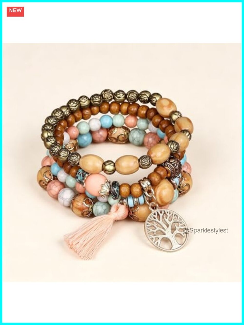 Bohemian Wood Beaded Bracelet Set Tassel Elastic Turquoise Accent Handmade